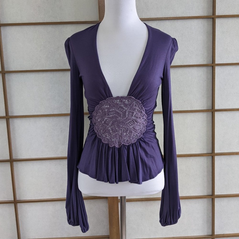 Ingwa Melero Purple Plunge Top with Bishop Sleeves Crochet Insert XS